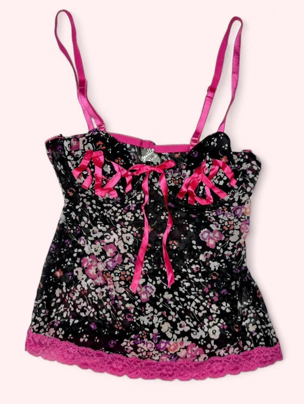 Y2K black floral sheer cami top with pink lace trim, bows, and underwire